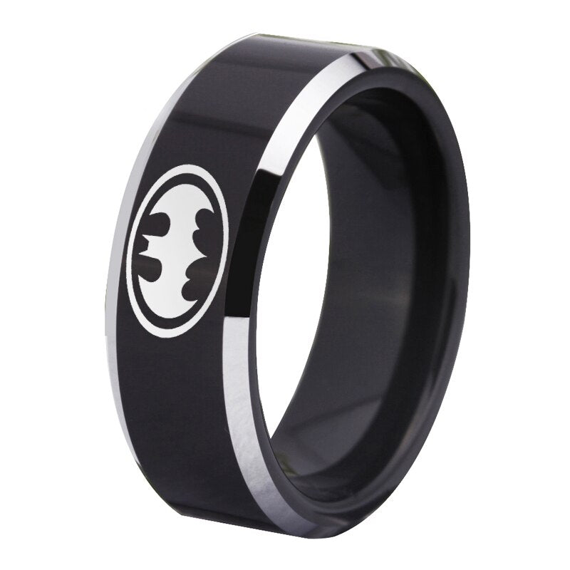 Bat Logo Tungsten Ring Band | Black and Silver | 8MM