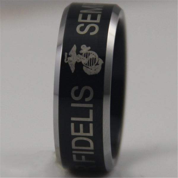 USMC 8MM Black Tungsten Band Ring | Comfort Fit Semper Fidelis - Qatalyst