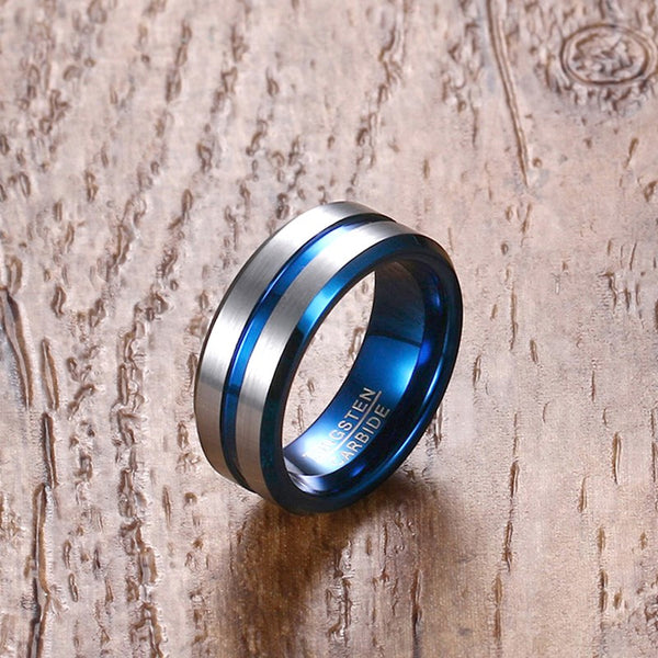 Vnox 8mm Thin Blue Line Tungsten Carbide Ring Wedding Band - Qatalyst
