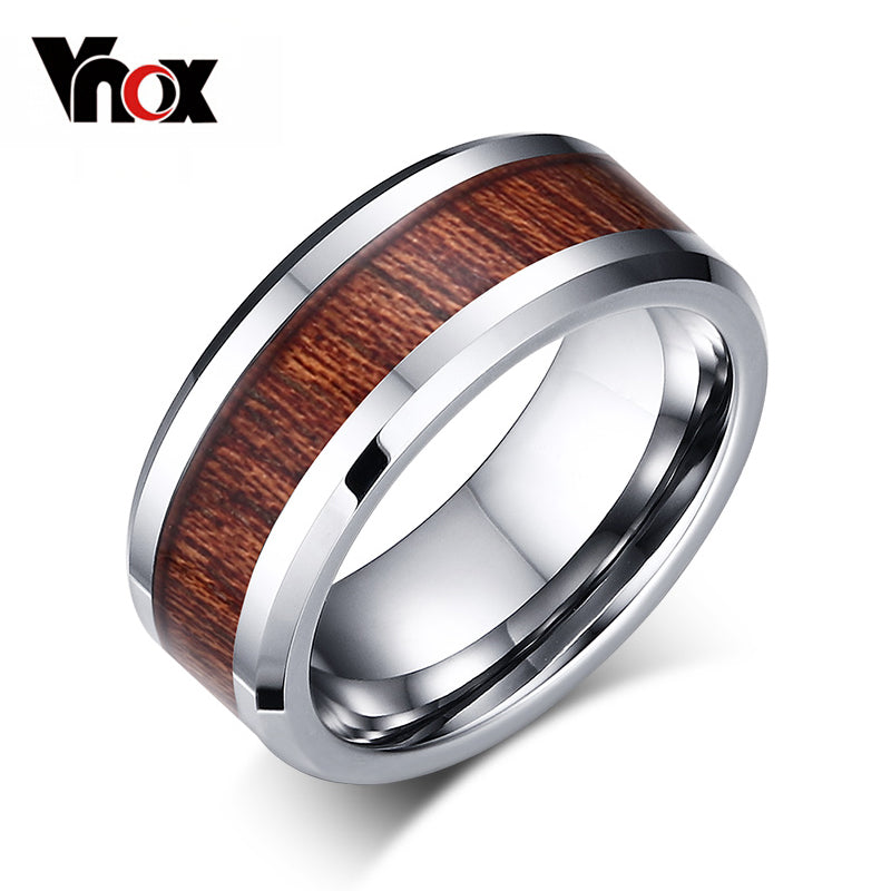 Vnox Tungsten Carbide Men's Ring with Wood Grain Inlay Design | Available in Black or Silver - Qatalyst