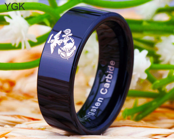 USMC Black Beveled Designer Men's Ring | White Marine Corp Logo | Tungsten | Comfort Fit | 8MM - Qatalyst