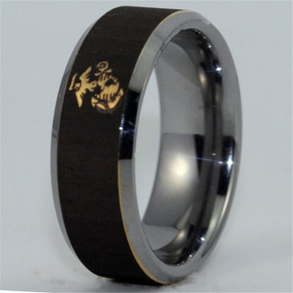 USMC Black Beveled Designer Men's Ring | Gold Marine Corp Logo | Tungsten | Comfort Fit | 8MM - Qatalyst
