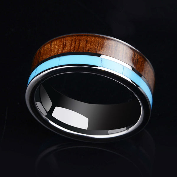Silver & Koa Wood and Blue Stone Inlay | Men's Ring | Tungsten Carbide | High Polished | 8MM - Qatalyst
