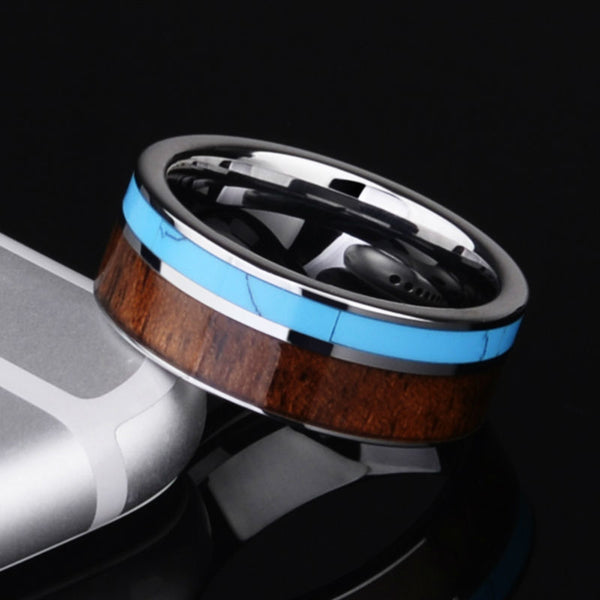 Silver & Koa Wood and Blue Stone Inlay | Men's Ring | Tungsten Carbide | High Polished | 8MM - Qatalyst