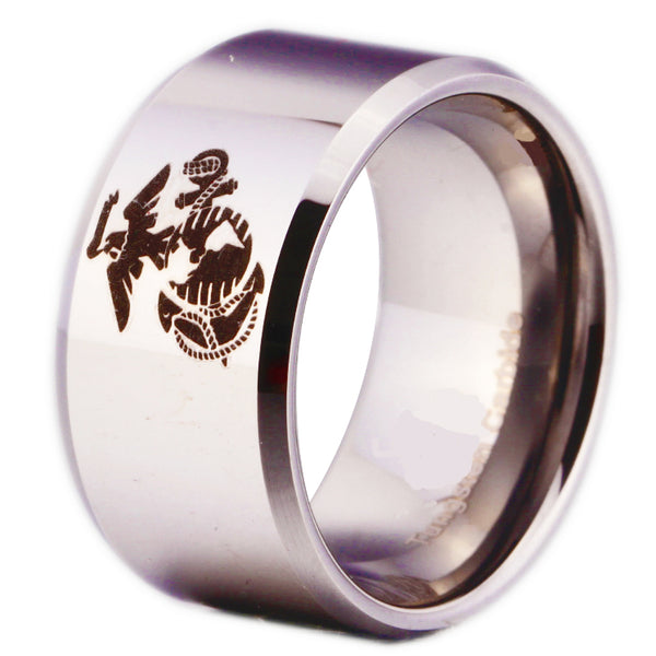 USMC Silver Beveled Designer Men's Ring | Tungsten | Comfort Fit | 12MM - Qatalyst