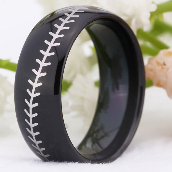 Black Dome Baseball Ring Band with White Baseball Stitch | Tungsten Carbide | Comfort Fit | 8mm - Qatalyst