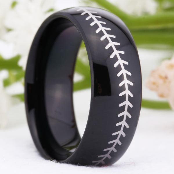 Black Dome Baseball Ring Band with White Baseball Stitch | Tungsten Carbide | Comfort Fit | 8mm - Qatalyst