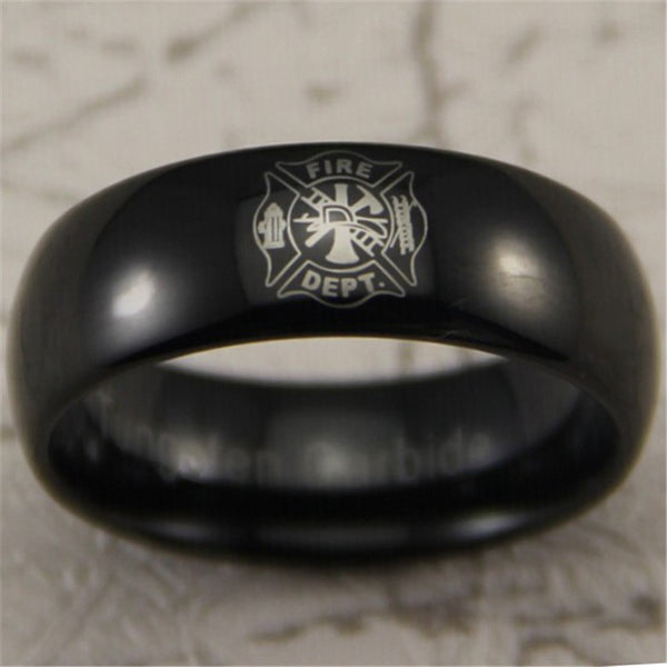 Black Tungsten Firefighter Band Ring | Comfort Fit | Fireman Design | Fire Dept. | 8MM - Qatalyst