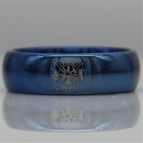 Blue Tungsten Firefighter Band Ring | Comfort Fit | Fireman Design | Fire Dept. | 8MM - Qatalyst