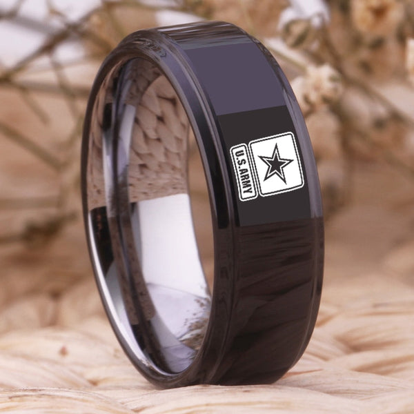 US Army Military Logo Tungsten Ring Band | Blue and Silver | 8MM